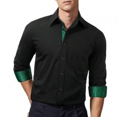 HISDERN Mens Dress Shirts 남성용 긴 소매 단추 다운 캐주얼 셔츠 내부 대비 공식 비즈니스 턱시도 웨딩 셔츠