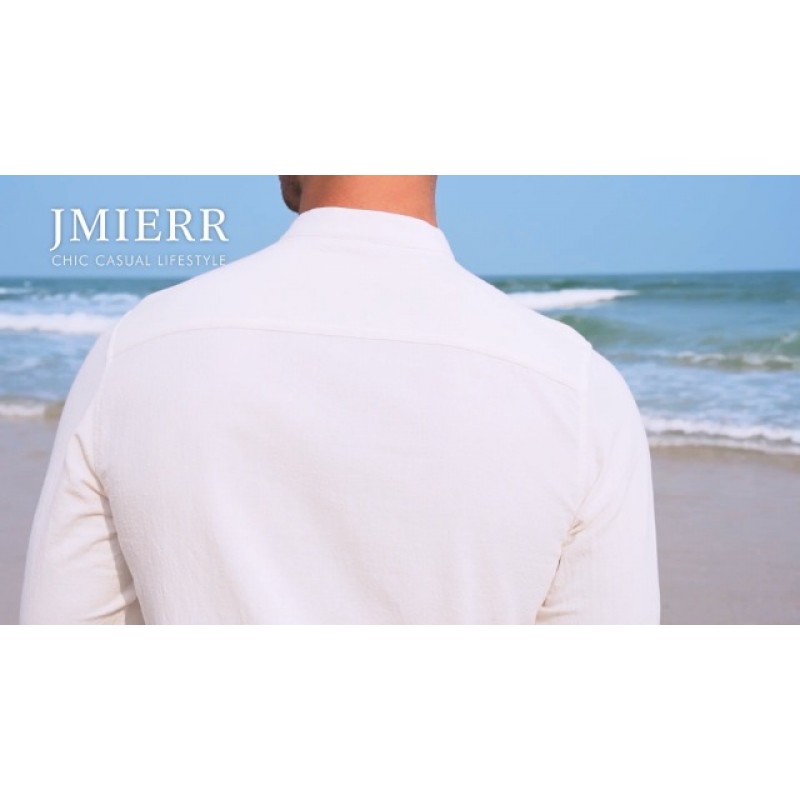 JMIERR 남성 코튼 린넨 셔츠 여름 캐주얼 긴팔 밴드 칼라 버튼 다운 비치 셔츠