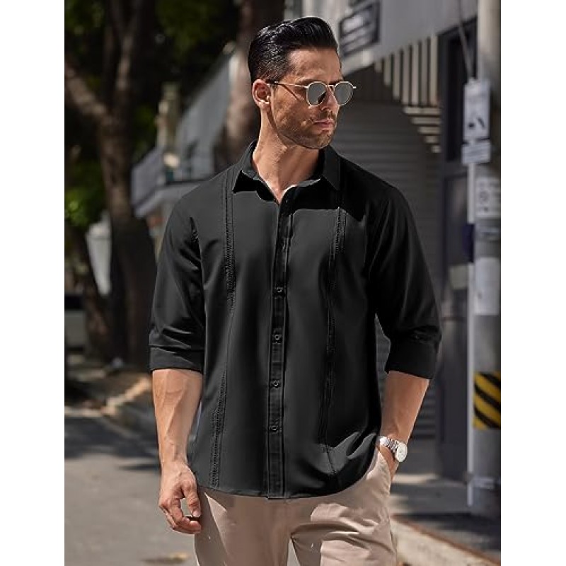 COOFANDY Mens Cuban Guayabera 셔츠 버튼 다운 긴 소매 셔츠 캐주얼 비치 셔츠