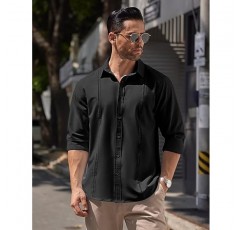 COOFANDY Mens Cuban Guayabera 셔츠 버튼 다운 긴 소매 셔츠 캐주얼 비치 셔츠