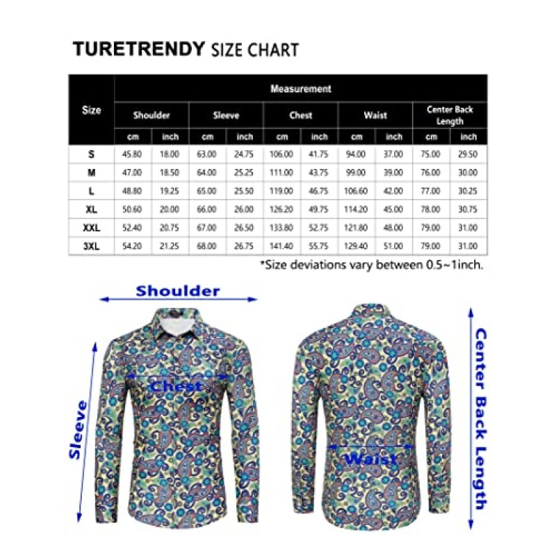 TURETRENDY 남성용 페이즐리 꽃 무늬 드레스 셔츠 긴 소매 슬림 피트 버튼 다운 셔츠 파티 웨딩 파티