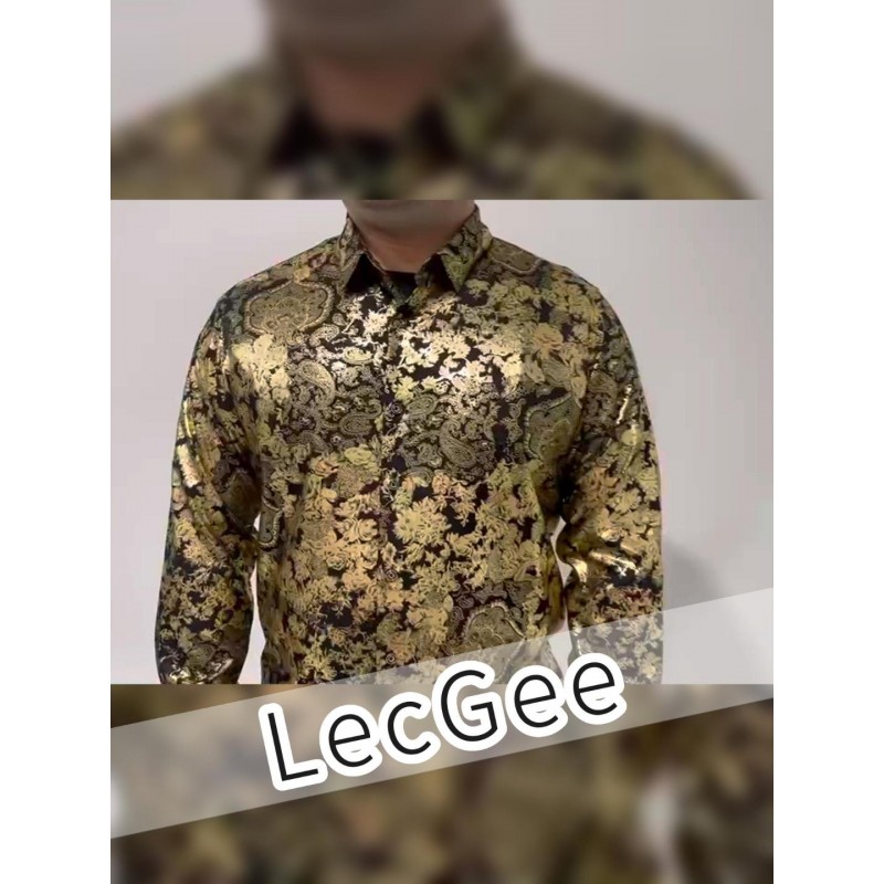 LecGee Mens 럭셔리 메탈릭 골드 긴 소매 히피 바로크 댄스 파티 셔츠 파티 클럽 버튼 다운 드레스 셔츠 남성용