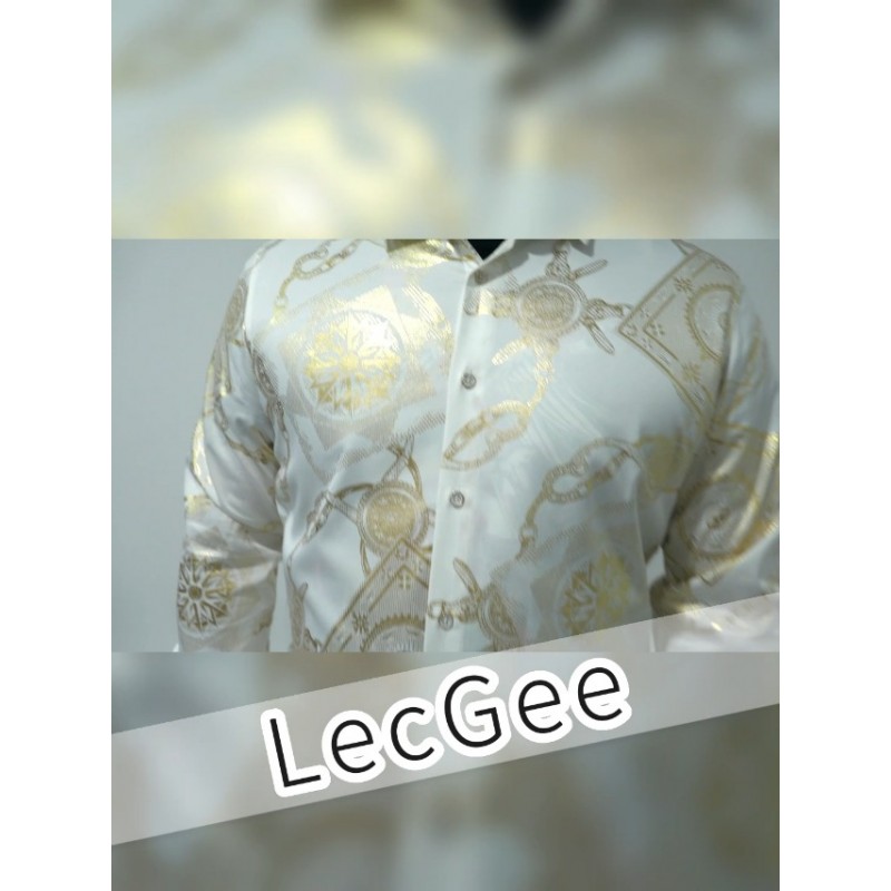 LecGee Mens 럭셔리 메탈릭 골드 긴 소매 히피 바로크 댄스 파티 셔츠 파티 클럽 버튼 다운 드레스 셔츠 남성용