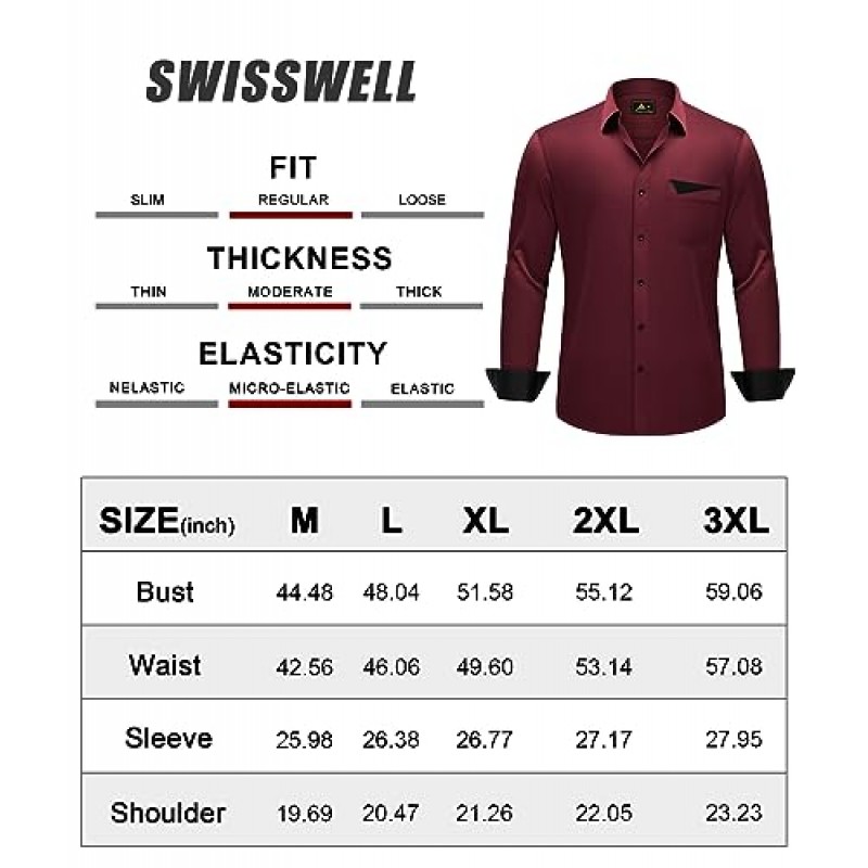 SWISSWELL 남성용 드레스 셔츠 긴 소매 스트레치 버튼 다운 칼라 포켓이 있는 캐주얼 셔츠