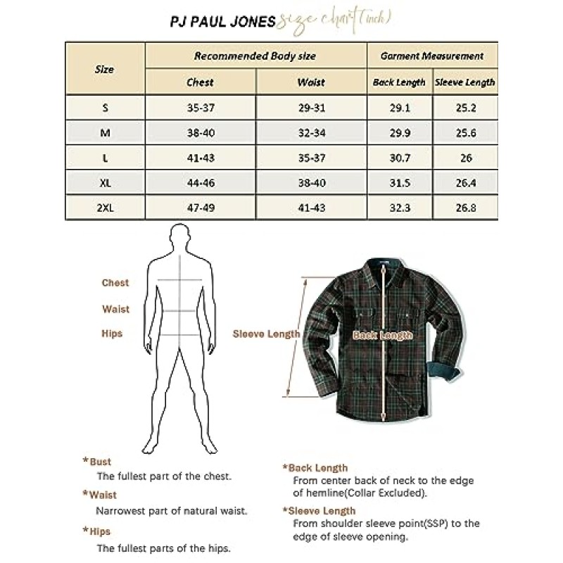 PJ PAUL JONES 남성 플란넬 셔츠 캐주얼 버튼 다운 긴 소매 체크 무늬 셔츠 재킷(포켓 포함)