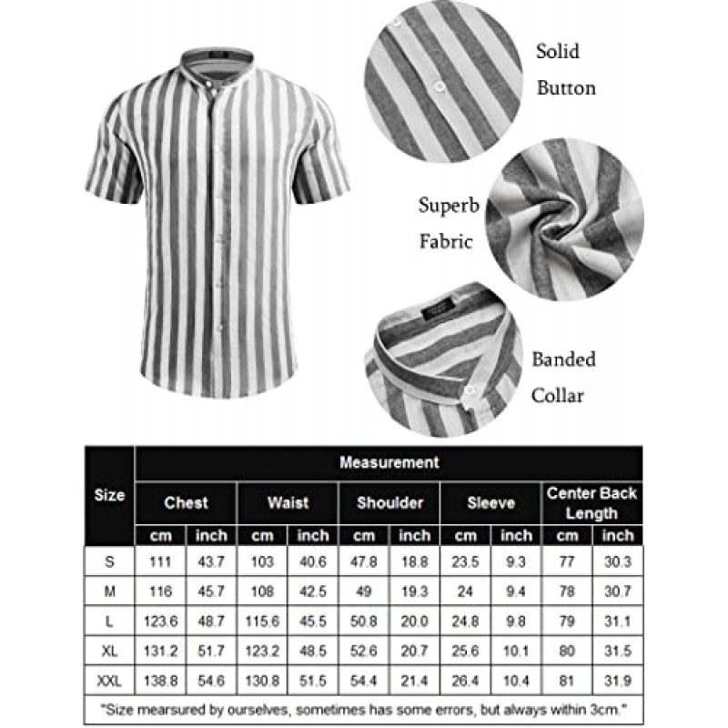COOFANDY 남성 캐주얼 린넨 셔츠 밴드 칼라 반소매 버튼 다운 셔츠