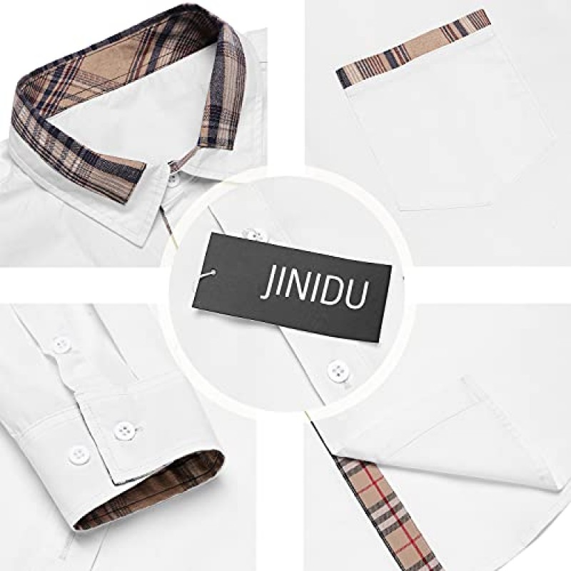 JINIDU 남성 캐주얼 코튼 드레스 셔츠 체크 무늬 칼라 긴 소매 버튼 다운 셔츠