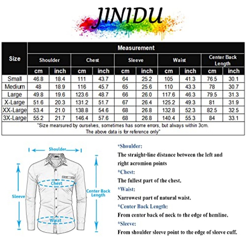 JINIDU 남성 캐주얼 코튼 드레스 셔츠 체크 무늬 칼라 긴 소매 버튼 다운 셔츠