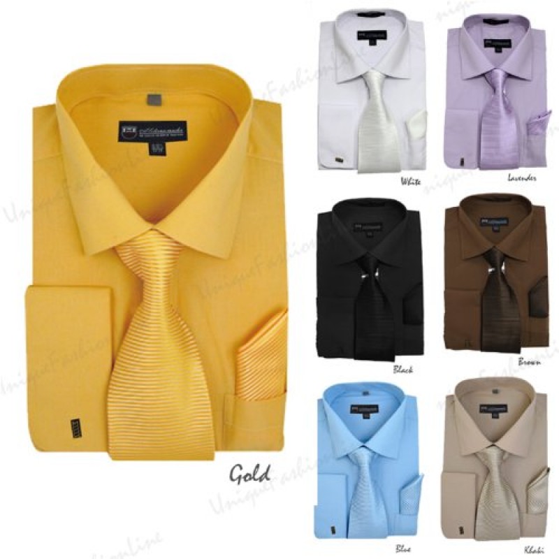 Milano Moda 솔리드 드레스 셔츠, 타이, 손수건 & 프렌치 커프스 SG27-카키-17-17 1/2-34-35