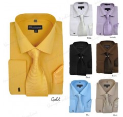 Milano Moda 솔리드 드레스 셔츠, 타이, 손수건 & 프렌치 커프스 SG27-카키-17-17 1/2-34-35