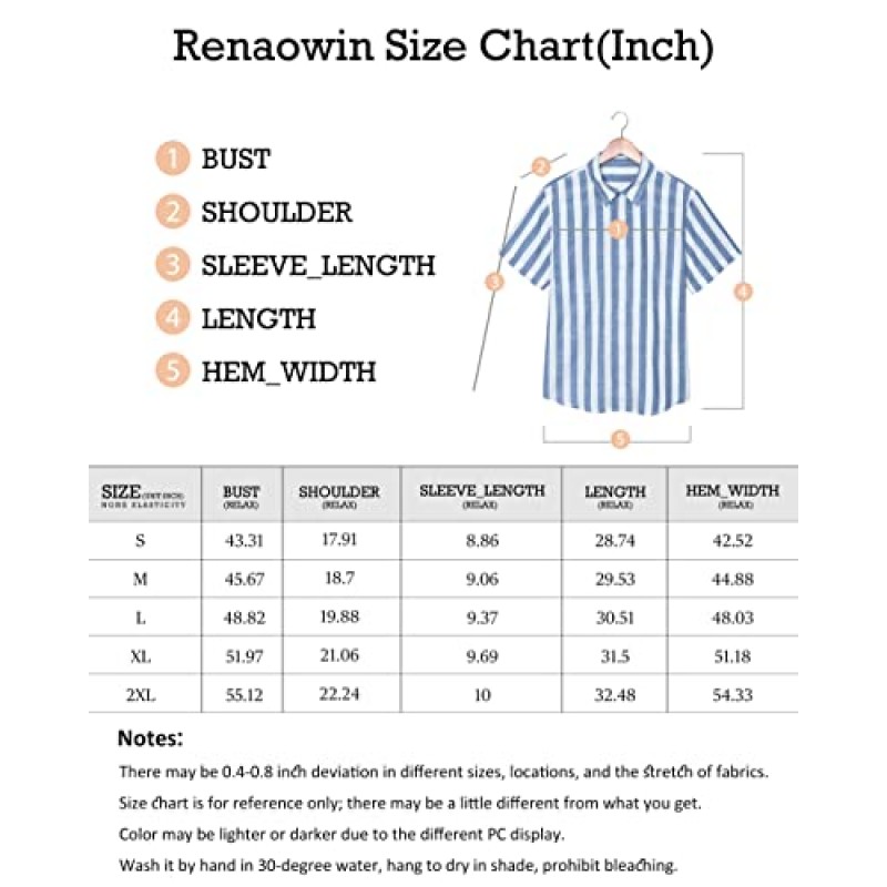 Renaowin 남성 캐주얼 버튼 다운 짧은 소매 셔츠 코튼 스트라이프 드레스 셔츠 남성용