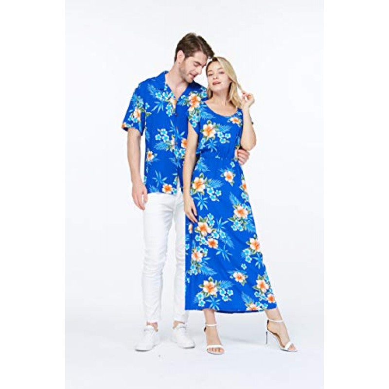 커플 매칭 하와이안 루아우 셔츠 캡 슬리브 맥시 드레스 - 히비스커스 블루
