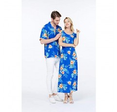 커플 매칭 하와이안 루아우 셔츠 캡 슬리브 맥시 드레스 - 히비스커스 블루