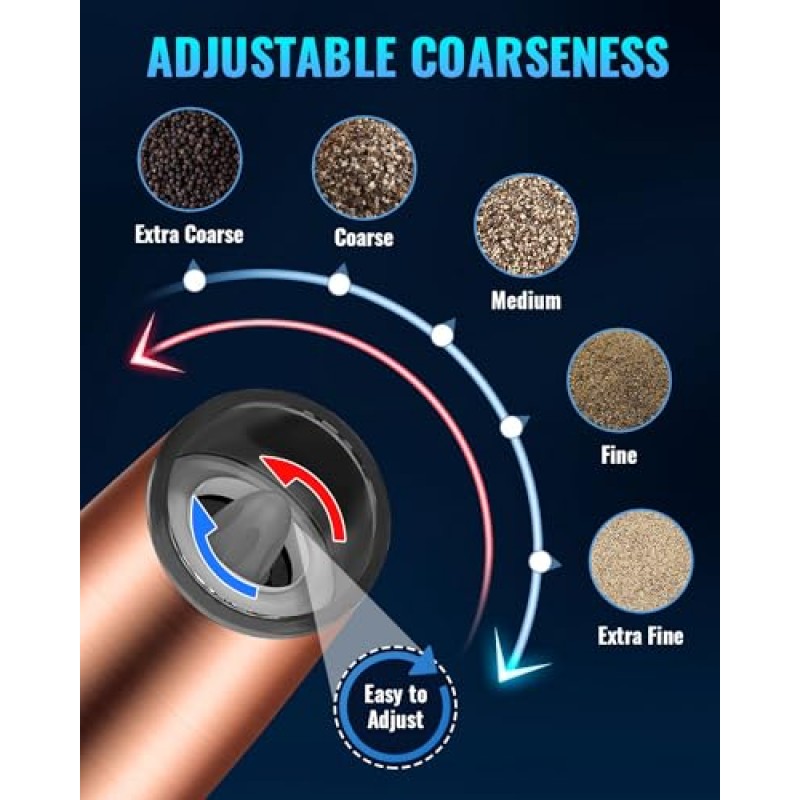 중력 전기 후추 및 소금 분쇄기 세트, 조정 가능한 거칠기, LED 조명으로 배터리 구동, 한 손으로 자동 작동, 스테인레스 스틸 구리, 2 팩