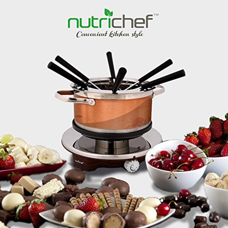 NutriChef 전기 초콜릿 퐁듀 메이커 세트 - 1000W 따뜻한 기계 키트 1쿼트 붙지 않는 스테인레스 스틸 멜팅 포트(LED 조명 포함), 디핑 포크 6개, 녹는 치즈 초콜릿 캔디 소스 딥 PKFNMK25