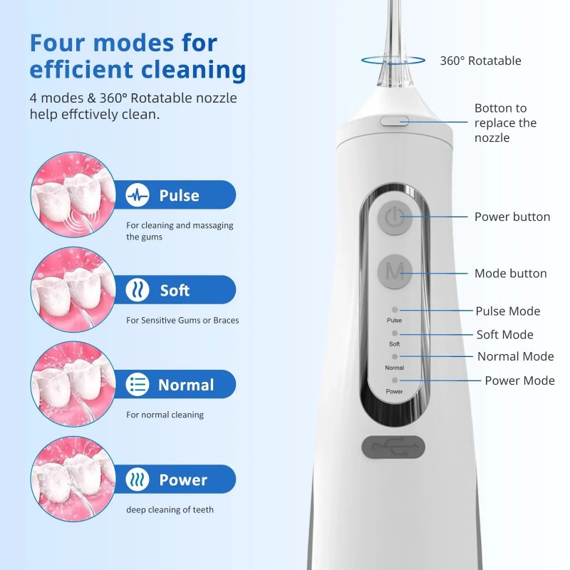 휴대용 구강 세정기 310ML USB 충전식 치아 치실