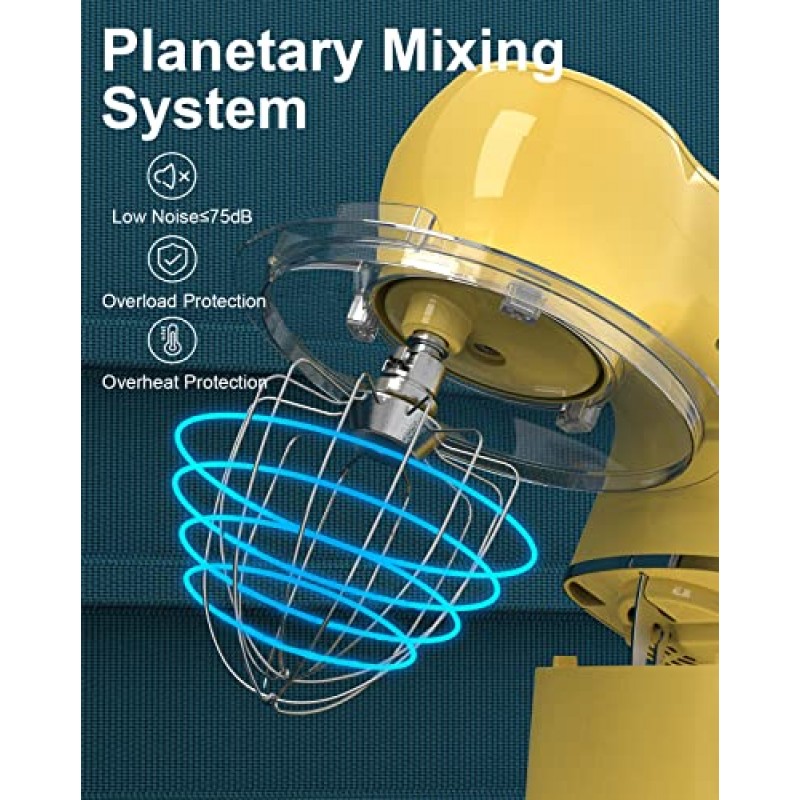미니 엔젤 전기 스탠드 믹서, 5.5쿼트, 반죽 후크, 플랫 비터, 와이어 거품기 부착물, 스플래시 가드가 있는 10+P 속도, DIY 스티커가 있는 노란색
