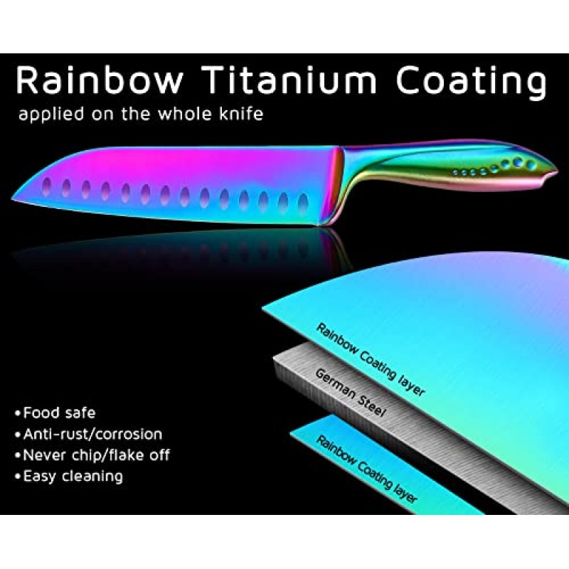 WELLSTAR 레인보우 산토쿠 칼 2피스 세트, 면도기 샤프 독일 스테인레스 스틸 블레이드 그란톤 엣지, 크고 작은 손을 위한 7인치 및 5인치 산토쿠 부드러운 커팅 다이싱 고기 야채 과일 슬라이스