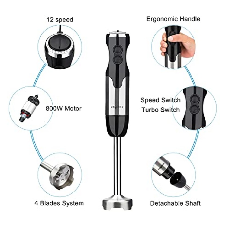 Keylitos 5-in-1 이머젼 핸드 블렌더, 스무디, 이유식, 소스 레드, 퓨레, 수프(블랙)를 위한 304개의 스테인레스 스틸 블레이드, 다지기, 비커, 거품기, 우유 거품기를 갖춘 강력한 12단 핸드헬드 스틱 블렌더