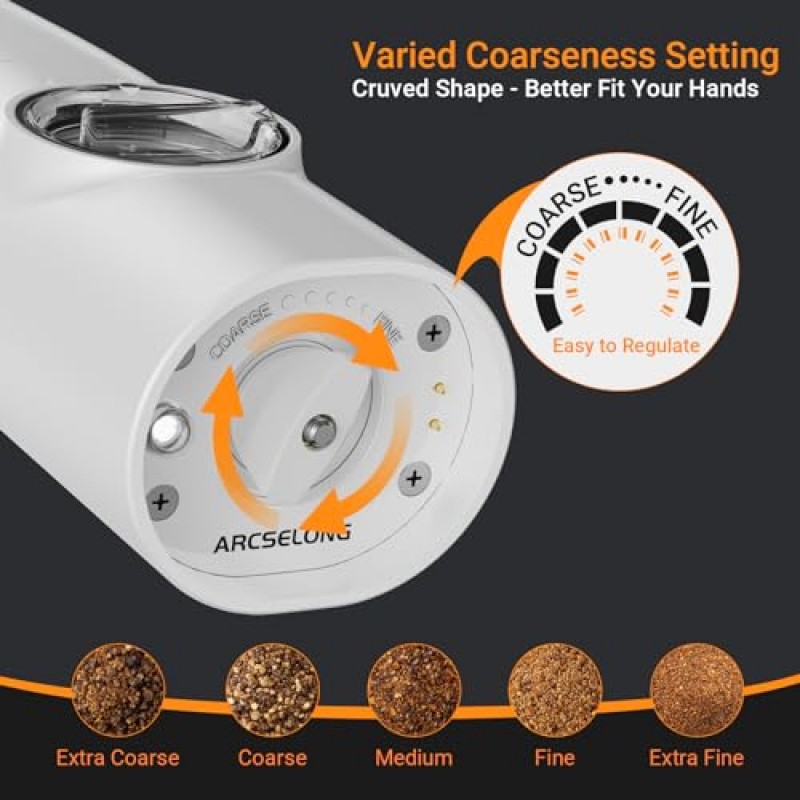 Arcselong 전기 소금 및 후추 분쇄기 세트, Type-C 충전식 베이스, 배터리 필요 없음, 조정 가능한 거친 전자 스파이스 밀 셰이커 소금 및 후추 셰이커 리필 가능