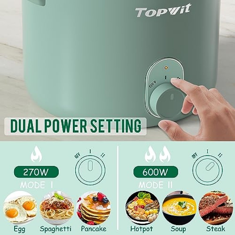 Topwit 찜기 포함 전기 냄비, 1.5L 붙지 않는 라면 밥솥, 전골 전기 냄비, 파스타 요리용 전기 냄비, 국수, 스테이크, 계란, 이중 전원 제어가 가능한 휴대용 냄비, 기숙사 필수품, 녹색