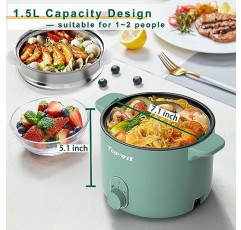 Topwit 찜기 포함 전기 냄비, 1.5L 붙지 않는 라면 밥솥, 전골 전기 냄비, 파스타 요리용 전기 냄비, 국수, 스테이크, 계란, 이중 전원 제어가 가능한 휴대용 냄비, 기숙사 필수품, 녹색