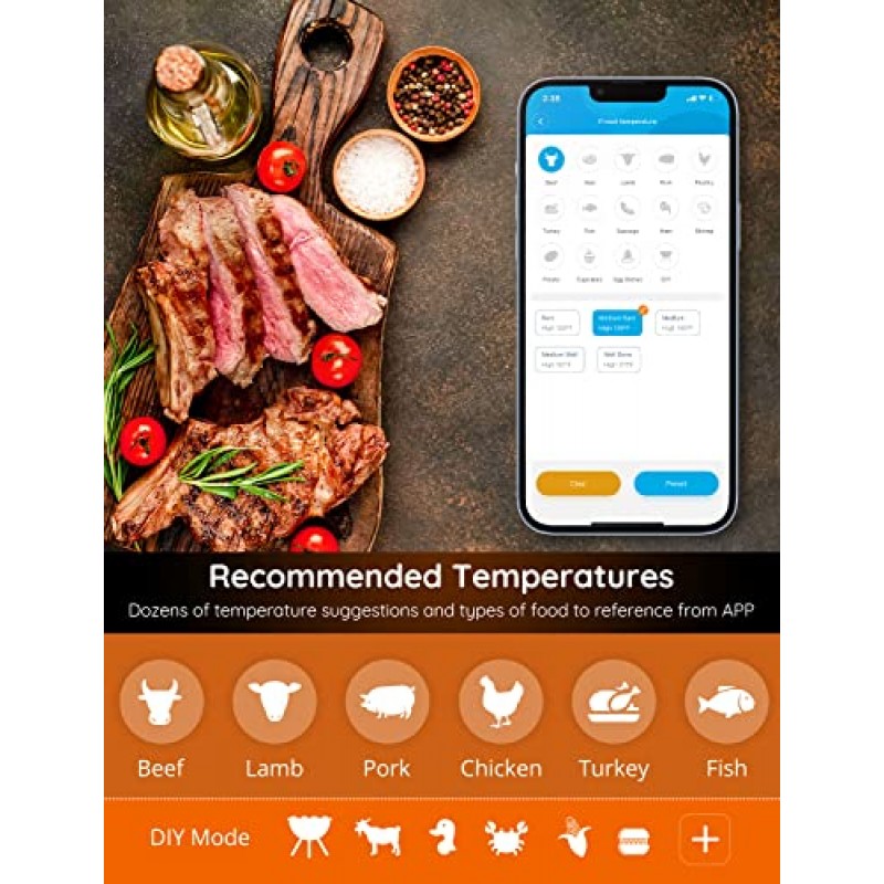 4개의 프로브가 있는 Govee WiFi 육류 온도계, 원격 앱 알림 경고 기능이 있는 스마트 블루투스 그릴 온도계, 흡연 오븐 주방용 디지털 충전식 바베큐 온도계