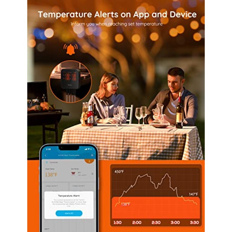 4개의 프로브가 있는 Govee WiFi 육류 온도계, 원격 앱 알림 경고 기능이 있는 스마트 블루투스 그릴 온도계, 흡연 오븐 주방용 디지털 충전식 바베큐 온도계