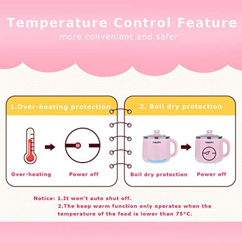 Dezin Hot Pot 전기, 급속 국수 밥솥, 스테인레스 스틸 전기 냄비 1.6 리터, 라면, 계란, 파스타, 만두, 수프, 죽, 오트밀에 적합 온도 조절 및 보온 기능 포함