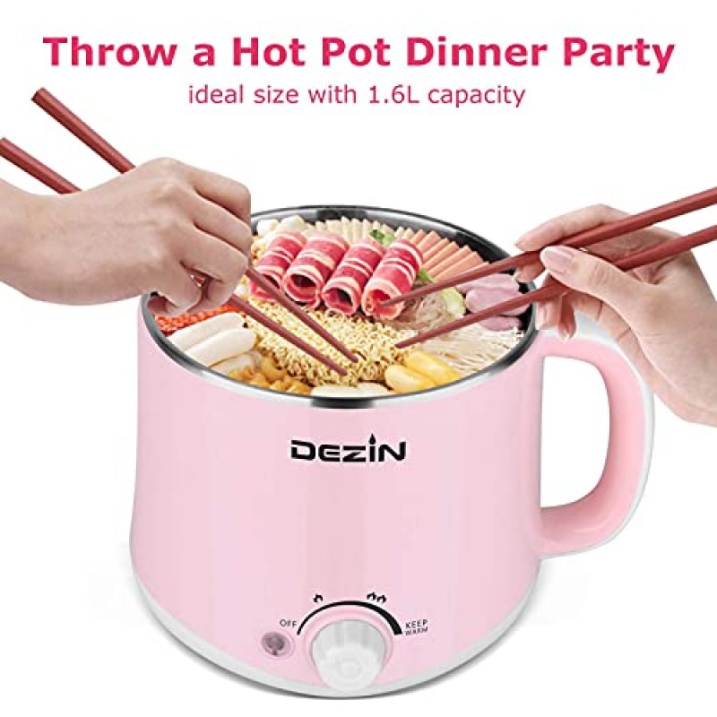 Dezin Hot Pot 전기, 급속 국수 밥솥, 스테인레스 스틸 전기 냄비 1.6 리터, 라면, 계란, 파스타, 만두, 수프, 죽, 오트밀에 적합 온도 조절 및 보온 기능 포함