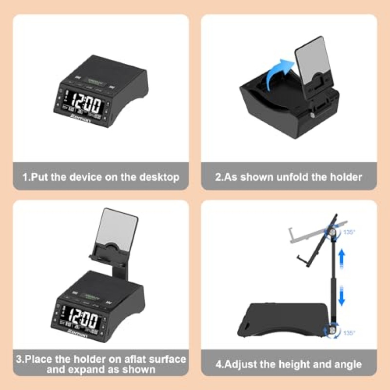 JTEMAN 휴대용 블루투스 스피커 시계(전화 스탠드 포함), 남성 여성을 위한 선물, 침실 거실용 무선 스피커 알람 시계가 포함된 조절 가능한 태블릿 스탠드 Cool Tech Kitchen Gadgets - Black
