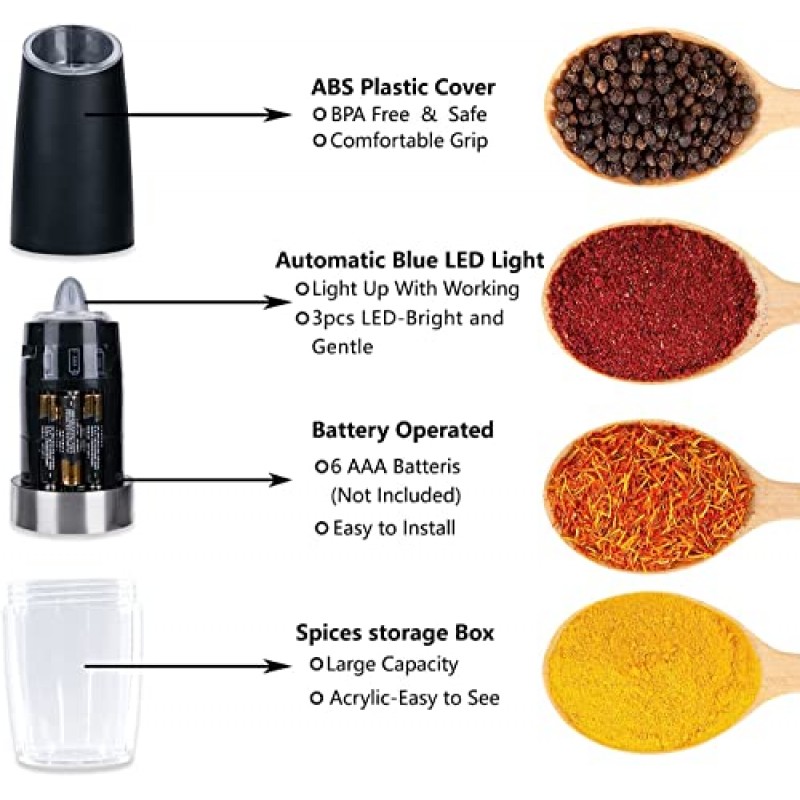 주방 용품 중력 전기 소금 및 후추 분쇄기 세트 - 조정 가능한 거칠기, LED 조명, 한 손 조작이 가능한 배터리 구동 자동 분쇄기 - 스테인레스 스틸(2팩)