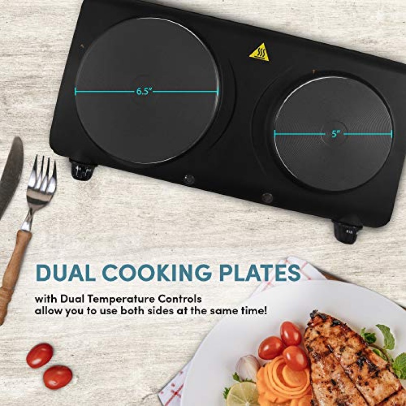 Elite Gourmet EDB-302BF 조리대 이중 주철 버너, 1500W 전기 핫 플레이트, 온도 조절 장치, 전원 표시 등, 청소 용이, 검정색