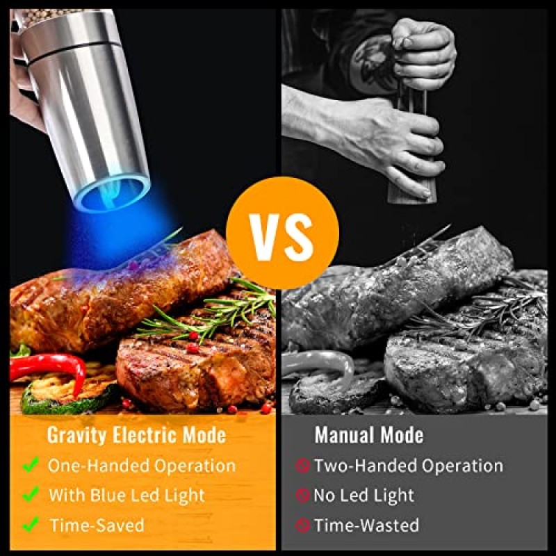 중력 전기 소금 및 후추 분쇄기 세트, LED 조명 및 조정 가능한 거친 정도가 포함된 자동 소금 및 후추 분쇄기 세트 2팩, 한 손으로 작동하는 밀 분쇄기 배터리 작동, 선물 아이디어, 실버