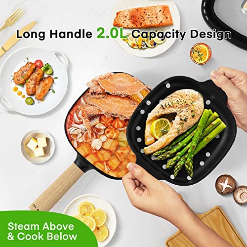 Audecook 냄비 전기 스티머 2L, 세라믹 글레이즈 붙지 않는 프라이팬 8인치, 라면/스테이크/볶음밥/오트밀/수프용 휴대용 여행용 밥솥, 이중 전원 제어 기능 포함(실리콘 주걱 포함)