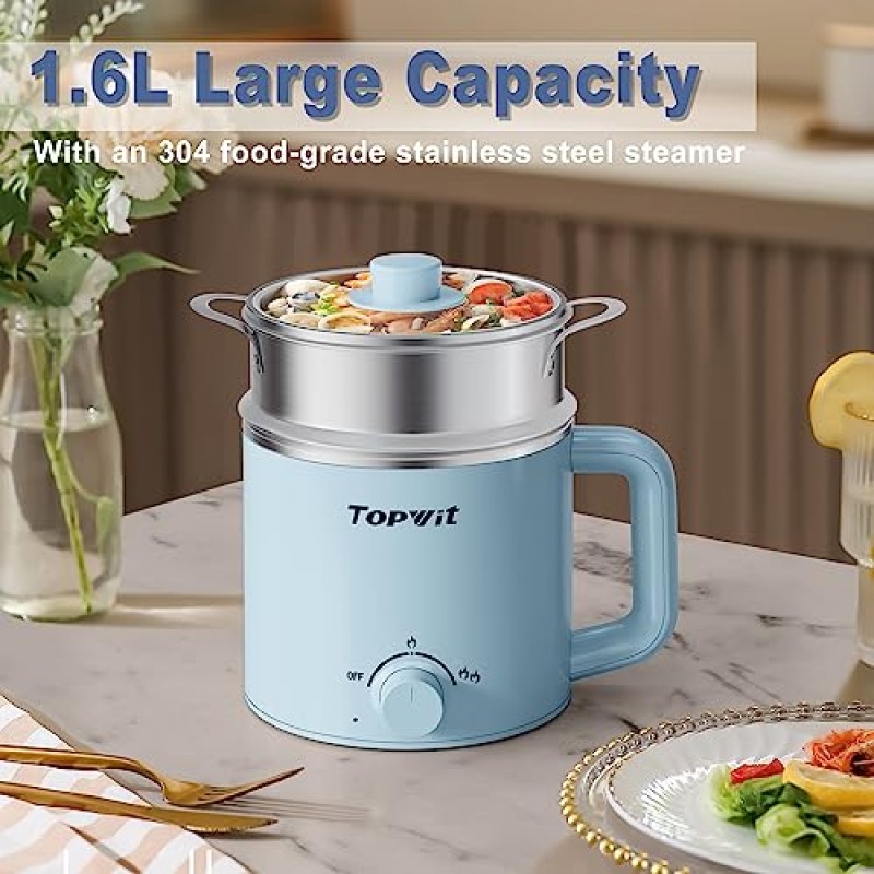 Topwit 전기 냄비(찜기 포함), 1.6L 라면 밥솥, 파스타, 샤브샤브, 오트밀, 수프 및 계란용 전기 냄비, 이중 전원 제어 기능이 있는 전기 밥솥, 기숙사 필수품, 블루