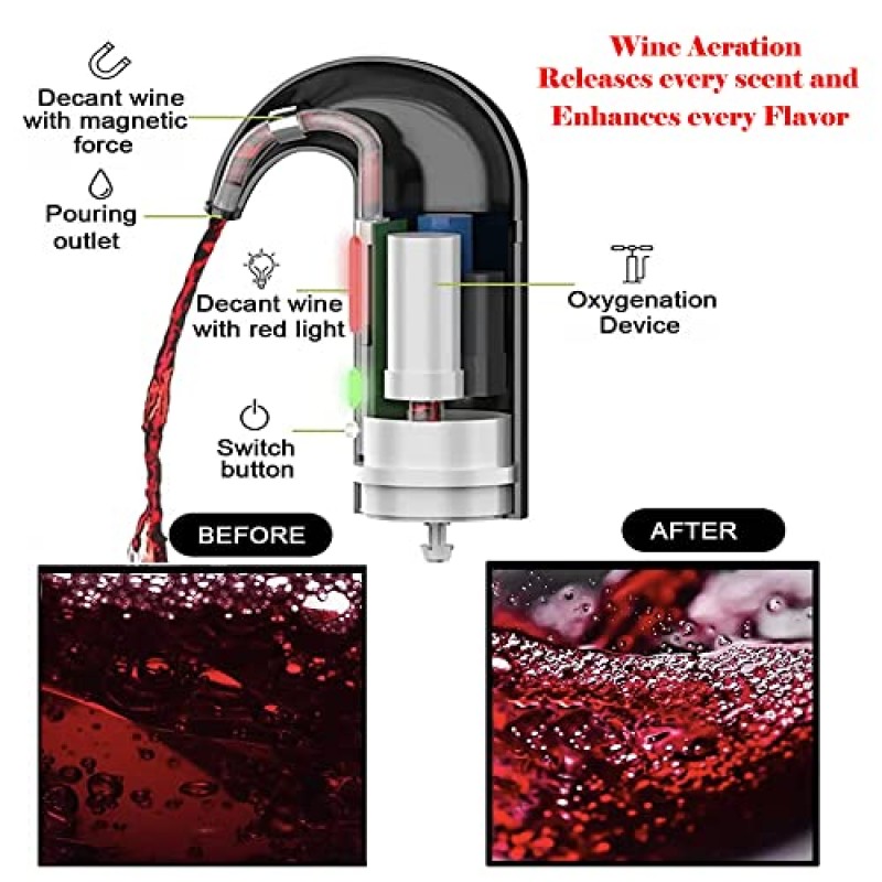 전기 와인 오프너 세트, 충전식 전기 와인 통풍기 푸어러, 자동 와인 디켄터, 와인 스토퍼, 와인 디스펜서 펌프, 와인 병따개(블랙)