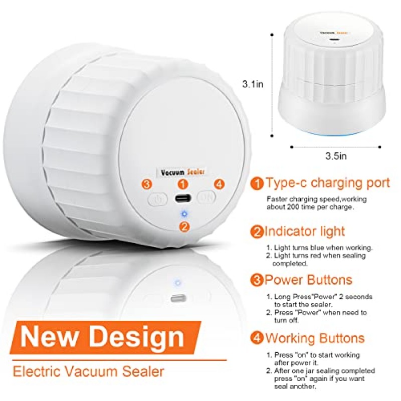메이슨 항아리용 전기 진공 실러 - 통조림 항아리 볼 항아리용 진공 밀봉 기계 키트 밀봉 진공 부착 휴대용 항아리 진공 펌프 와이드 일반 입 캔 뚜껑 액세서리 [2023 최신]