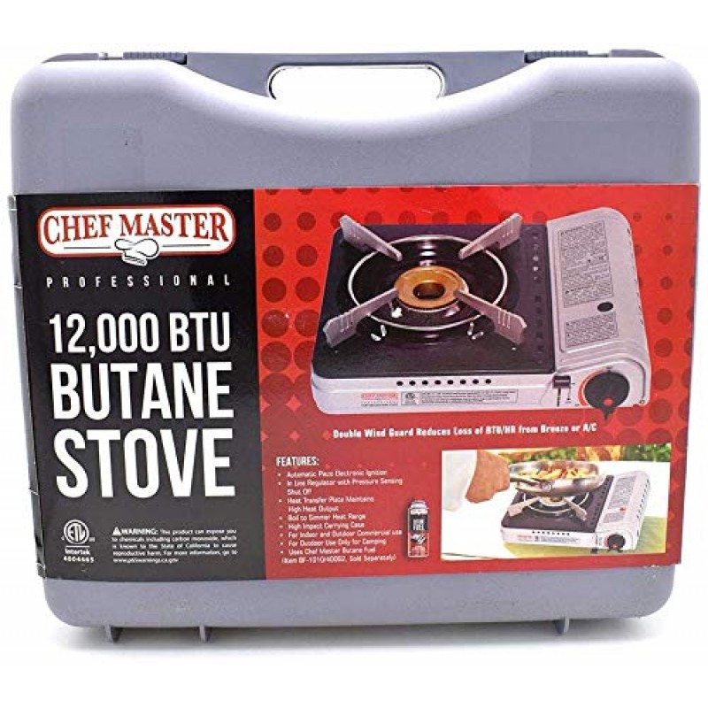 Chef Master 90235 부탄 조리대 스토브 12,000 BTU, 전문가용 품질, 휴대용, 휴대용 케이스 포함, 고성능, 전자 점화, 황동 버너, 이중 바람막이 가드, 버너 1개