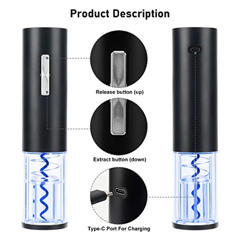 COKUNST 전기 와인 오프너 세트 선물, Type-C 충전식 와인 병따개 호일 커터, 와인 푸어러, 진공 보존 스토퍼 2개, 5-in-1 주방 가전제품이 있는 자동 와인 코르크 따개