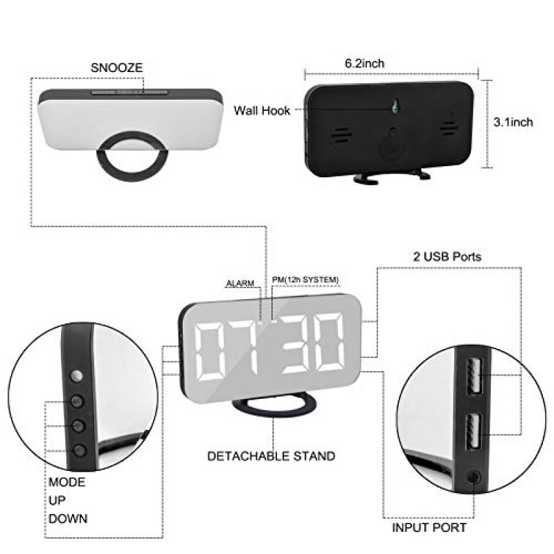 SZELAM 디지털 시계 대형 디스플레이, LED 알람 전기 시계 조광 모드, 3단계 밝기, 듀얼 USB 포트를 갖춘 메이크업용 거울 표면 홈 침실 장식용 현대 장식-블랙