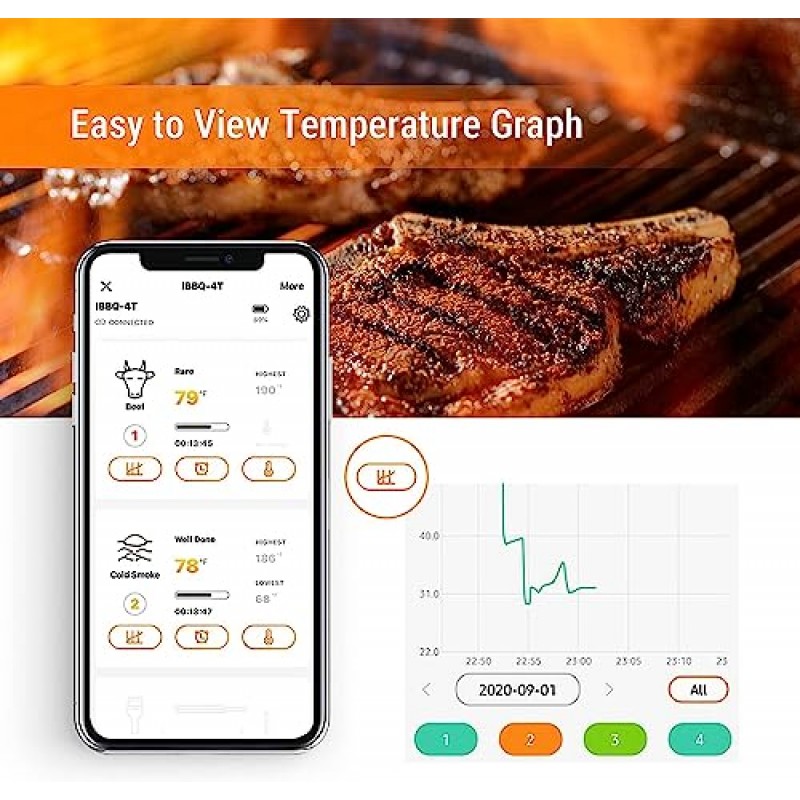 Inkbird WiFi 그릴 온도계 IBBQ-4T, 흡연자, 오븐, 불고기집, 주방용 무선 WiFi 육류 온도계| 4개의 프로브(APP 교정 포함)| 타이머 알람 모바일 알림| 디지털 바베큐 온도계