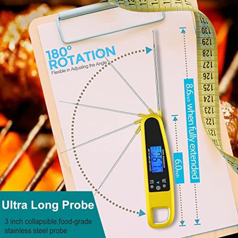 LIKEPAI 주방 요리용 즉시 판독 육류 온도계, 백라이트, 자석 및 음식용 접이식 프로브가 있는 초고속 정밀 방수 디지털, 튀김, 야외 바베큐, 그릴(노란색)