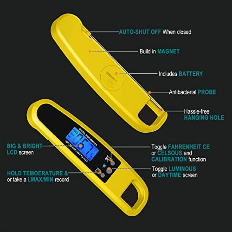 LIKEPAI 주방 요리용 즉시 판독 육류 온도계, 백라이트, 자석 및 음식용 접이식 프로브가 있는 초고속 정밀 방수 디지털, 튀김, 야외 바베큐, 그릴(노란색)