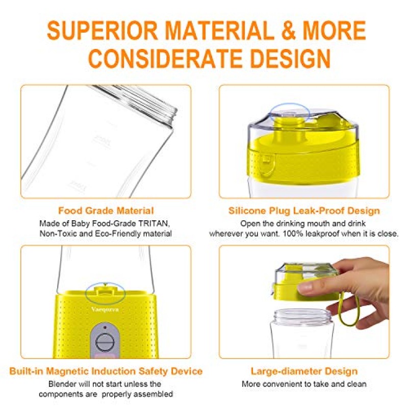휴대용 블렌더, 스무디 및 단백질 쉐이크를 위한 개인용 USB 충전식 주스 컵 여행용 체육관 홈 오피스 스포츠 야외용 미니 휴대용 과일 믹서 13Oz 병 노란색