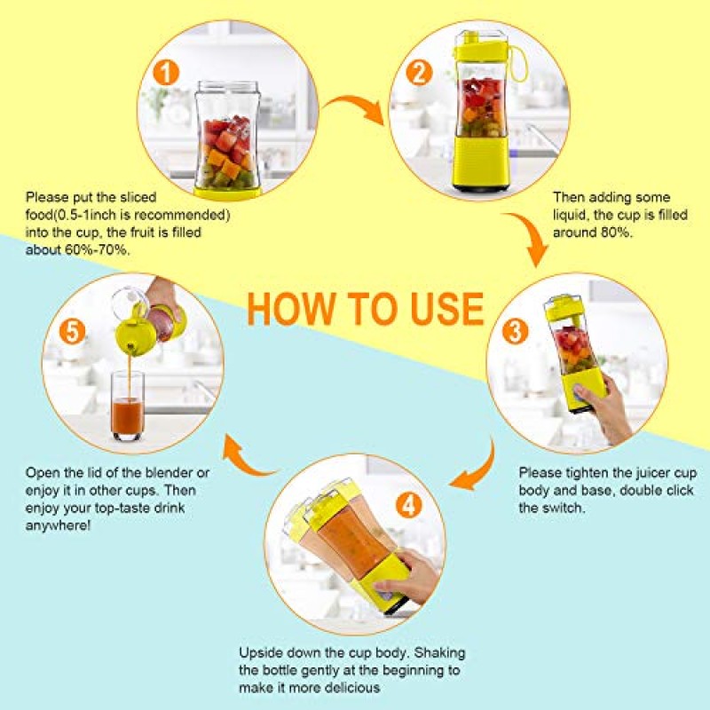 휴대용 블렌더, 스무디 및 단백질 쉐이크를 위한 개인용 USB 충전식 주스 컵 여행용 체육관 홈 오피스 스포츠 야외용 미니 휴대용 과일 믹서 13Oz 병 노란색
