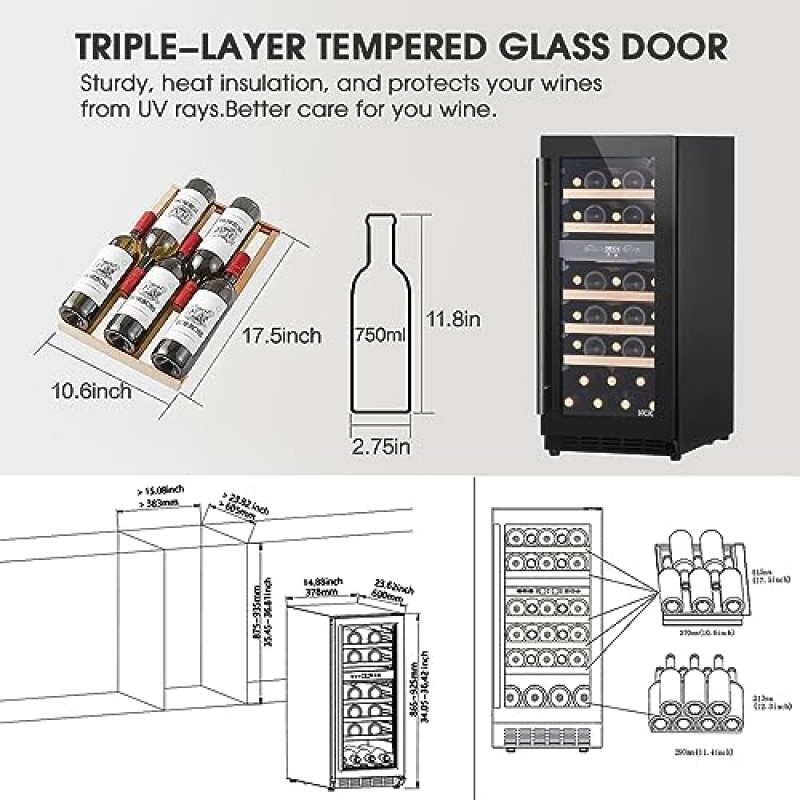 HCK 듀얼 존 와인 쿨러 냉장고 - 자립형, 삼중 유리, 전자 온도 조절 장치, 참나무 선반 - 29개의 보르도 병 보관 - ETL 인증을 받은 지하실 냉장고