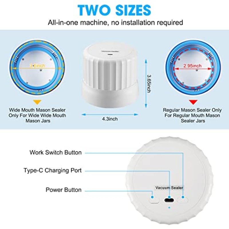 전기 메이슨 항아리 진공 실러 키트: 넓은 입과 일반 입 메이슨 항아리, 전기 진공 펌프가 있는 항아리 밀봉 후드 및 식품 보관용 항아리 뚜껑을 위한 무선 진공 실러 키트