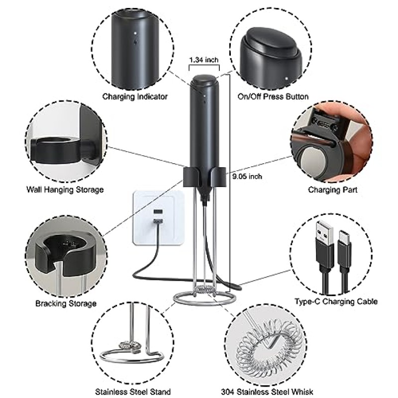 Alpspeaks 충전식 우유 거품기 핸드헬드(스탠드 및 스텐실 포함) - 주방 커피 바용 USB 스테인레스 스틸 스탠드 또는 벽걸이 - 라떼 계란 단백질 분말용 전기 털 핸드 블렌더 믹서
