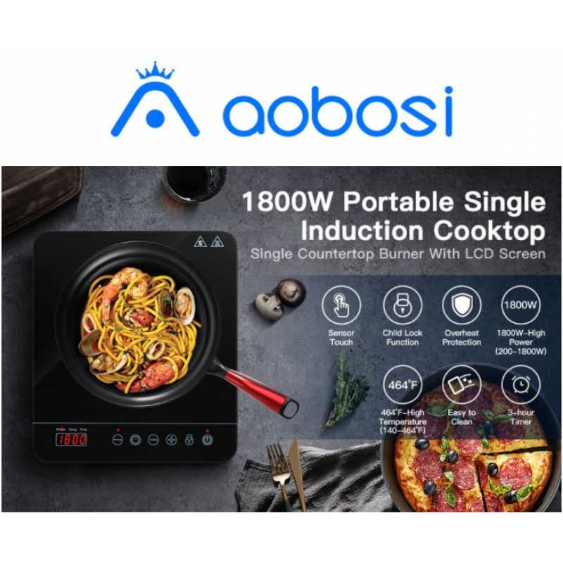 Aobosi 휴대용 유도 버너 쿡탑 1800w 빠른 효율적인 요리, 디지털 센서 터치 LED 스크린 수조 버너, 전기 스토브 쿠커 블랙 크리스탈 유리 표면 9 전력 10 온도 설정 잠금 기능 포함